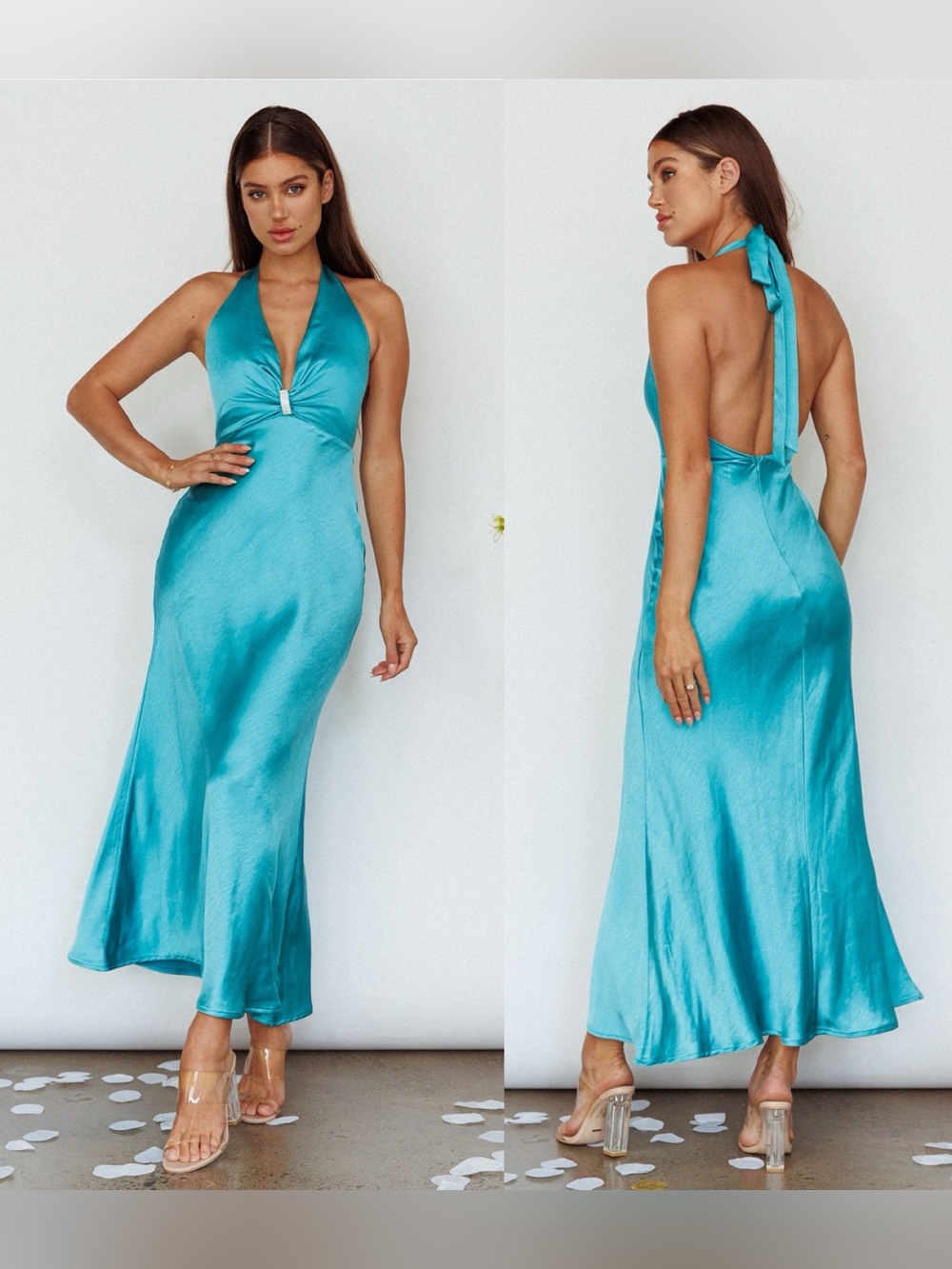 SELFIE LESLIE Oasis Halter MAXI DRESS turquoise open back bias cut evening Small
